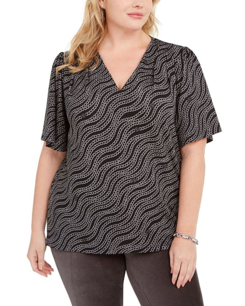 Front of a model wearing a size 3X Michael Kors Women's Plus Printed Puff Sleeve Top Gray Size 3X in Gray by Michael Kors. | dia_product_style_image_id:311258